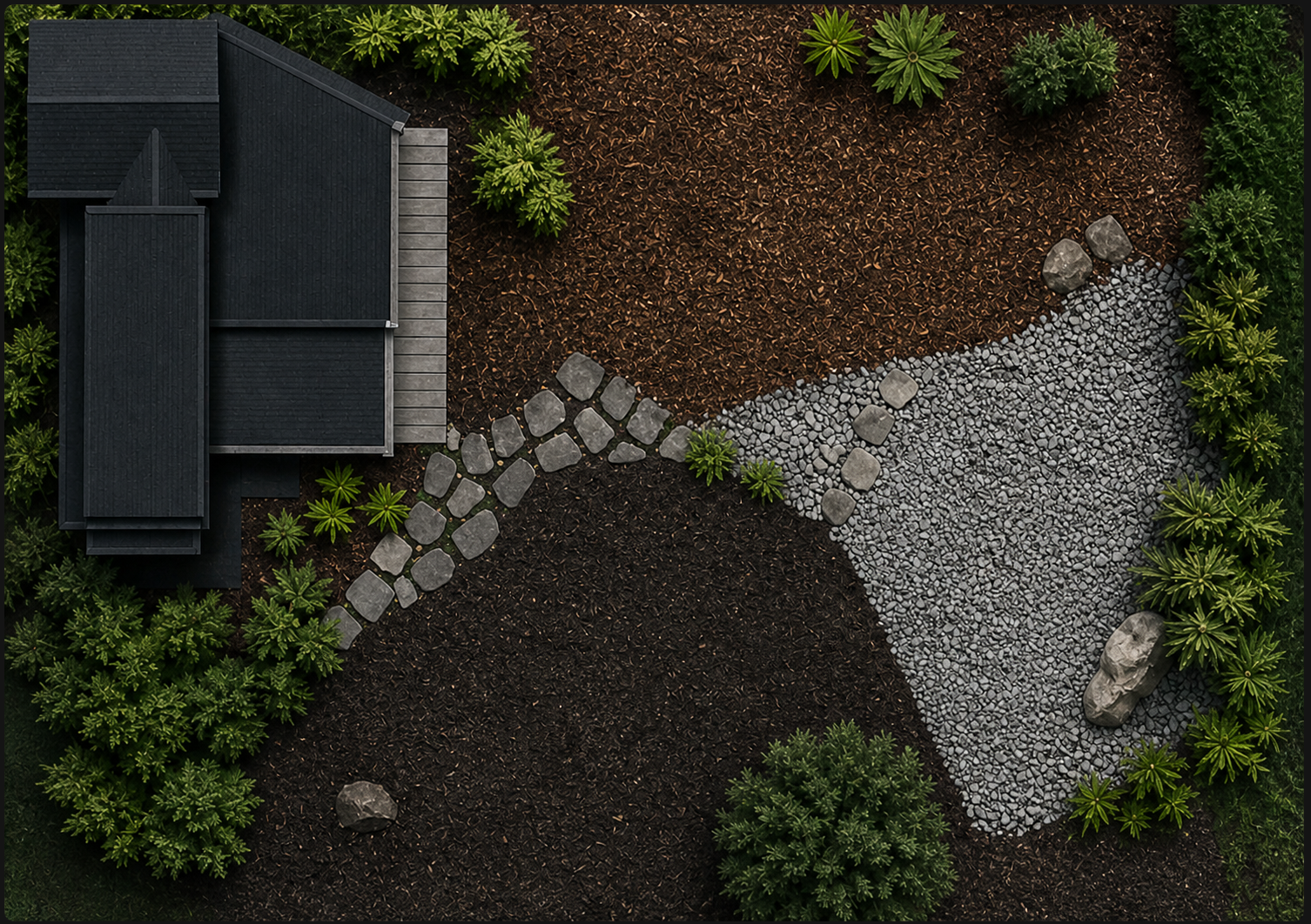 Finished yard with mulch, gravel and soil material zones